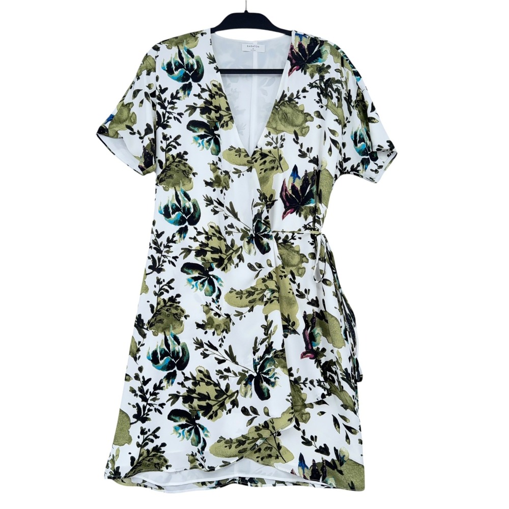 Babaton Floral Wrap Dress Womens Medium White Olive Green Short Sleeve